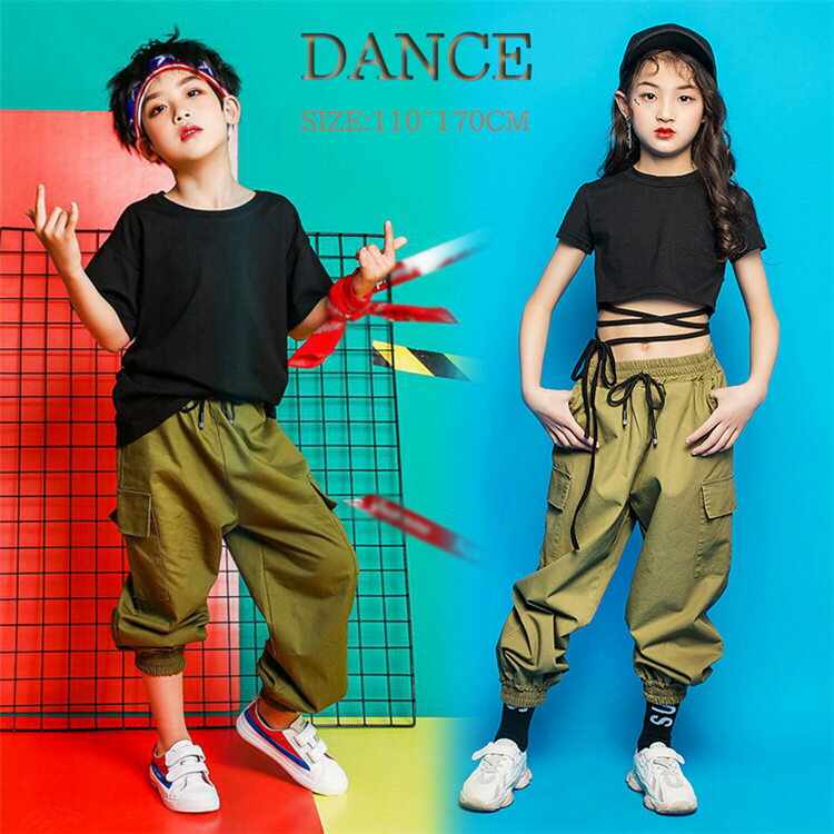 ダンス 衣装 ヒップホップ 黒シャツカーゴパンツキッズ ダンス衣装 HIPHOP キッズダンス衣装 衣装 サルエルパンツ 長ズボンTシャツ キッズダンス衣装 ゆったり シンプル 普段着 女の子 男の子 110~170CM WUDAO-019 海外通販 1