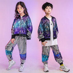 二点セット スパンコール ダンス衣装 ヒップホップ キッズ ダンス 衣装 ジャケット サルエルパンツ ジャズ 男の子女の子 パンツセット ステージ衣装 キラキラ 110~180CM WUDAO-130 海外通販