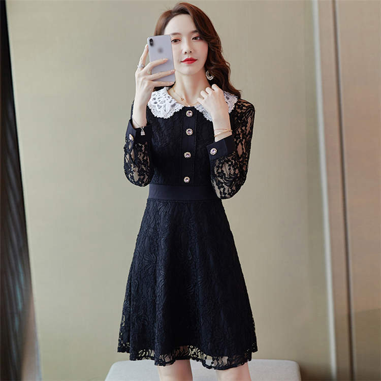 ワンピース レディース ラウンドネック レース 可愛い 長袖ミディアム丈 膝丈 Aライン 優雅 かわいい 秋 ファッション プリーツ フレアスカート シンプル 同窓会 着痩せ 個性 エレガント 袖あり 結婚式 L-350 海外通販