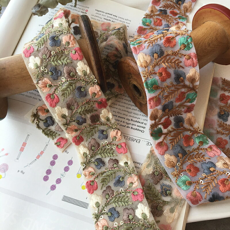 【マラソン20％オフ】【25cm】インド刺繡リボンカラフル2色　インド刺繡リボン　花 ブレード リボン　インドリボン ハンドメイド 手芸 アクセサリー 材料 素材 パーツ 手芸 バレッタ カチューシャ 　ポーチ　ヘアゴム 商用