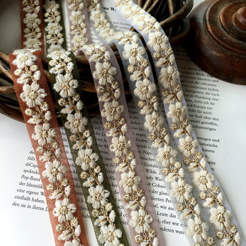 【12/16　18：00までポイント5倍】【25cm】スリムインド刺繍リボン　細い　細身　細幅　 花 フラワー インドリボン　刺繍リボン おしゃれ ピアス イヤリング ハンドメイド 手芸 アクセサリー 材料 素材 パーツ 手芸 バレッタ カチューシャ チャーム