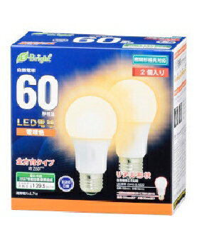 OHM（オーム電機） LED電球（60形相当/868lm/電球色/E26/全方向配光260°/密閉形器具対応/2個入り） 4971275643529 E-Bright LDA7L-G AG27 2P 電球色