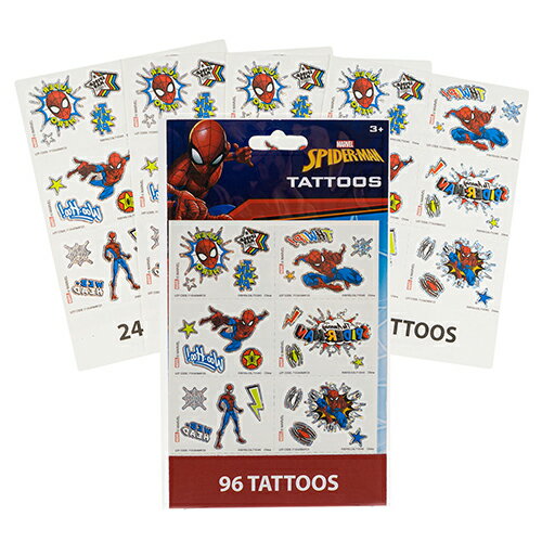 スパイダーマン タトゥー シール 4シート 96個入り 18379 TATTOO ボディーシール 水貼り 水で貼れる SPIDER-MAN MARVEL アメコミ ヒーロー ごほうび かわいい キャラクター グッズ 雑貨 パーテ…