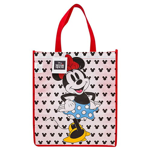 ミニーのショッパートートバッグです。 ミッキーアイコンの背景とミニーちゃんがとってもかわいい。 裏面も同じ柄です。 軽くて丈夫な不織布製で、マチもたっぷり。 エコバッグとしてはもちろん、お稽古バッグや旅行などあらゆるシーンでご利用いただけます。 プレゼントを入れてギフトバッグとしてもおすすめですよ。 アメリカからの輸入です。 ●サイズ：約H38.5×W34×D17cm ●ハンドル：約40cm, 幅2.5cm ●素材：ポリプロピレン MADE IN CHINA ※海外輸入商品です。「輸入商品について」を必ずご一読ください。 ※メール便配送について※ メール便のご利用は1点までです。 サイズの関係で折りたたんで配送となります。 しわ等が気になる方は宅配便でご注文ください。 ＞＞その他、ショッパー・エコバッグ は こちら