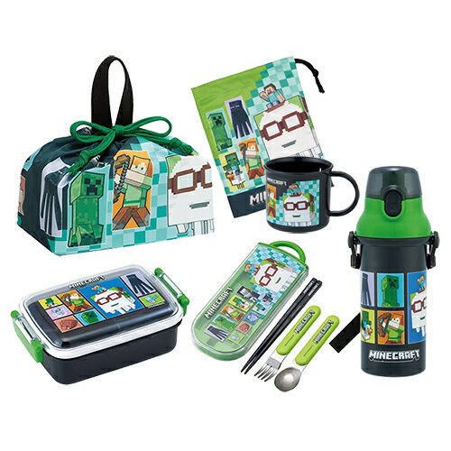 One Tier - マインクラフト ランチセット ( 26 ) 450ml 角型 6点 ( 弁当箱 巾着 カトラリートリオ コップ コップ袋 水筒 ) yts1702 お弁当箱 弁当箱 ランチボックス 箸 はし スプーン フォーク ランチ巾着 弁当袋 プラコップ コップ巾着 プラボトル 直のみ マイクラ グッズ 子ども 幼児
