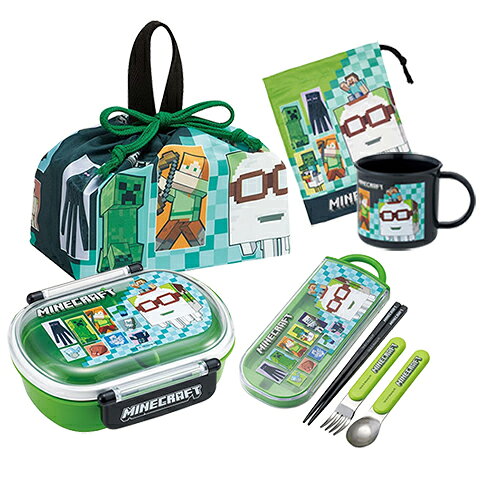 One Tier - マインクラフト ランチセット ( 26 ) 360ml 小判型 5点 ( 弁当箱 巾着 カトラリートリオ コップ コップ袋 ) yts1705 お弁当箱 ランチボックス お弁当 ランチ 弁当箱 セット 箸 はし ランチ巾着 弁当袋 プラコップ コップ巾着 おべんとう マイクラ グッズ 子ども 幼児