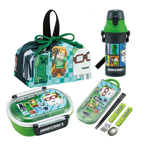 Lunch Boxes - マインクラフト ランチセット ( 26 ) 360ml 小判型 4点 ( 弁当箱 巾着 カトラリートリオ 水筒 ) yts1707 お弁当箱 ランチボックス お弁当 ランチ 弁当箱 セット 箸 はし ランチ巾着 弁当袋 プラボトル 直飲み マイクラ グッズ 子ども 幼児