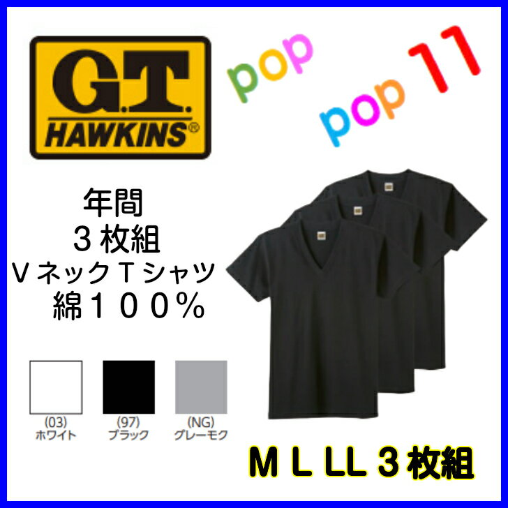 GUNZE グンゼ HAWKINS ホーキンス VネックTシャツ 3枚セット 綿100% コットン 綿 3枚組 お得 セット 白 黒 グレー ホワイト M L LL 下着 肌着 インナー G.T.HAWKINS 天竺 シンプル HK15153