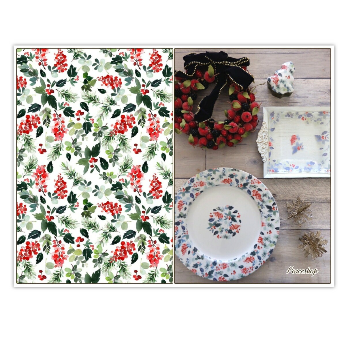 ポーセラーツ 転写紙 【セット】クリスマス転写紙 ベリー&リーフ 白磁用&ガラスセット ポーセラーツ用転写紙 ポーセラーツ ポーセリンアート用 かわいい オシャ...