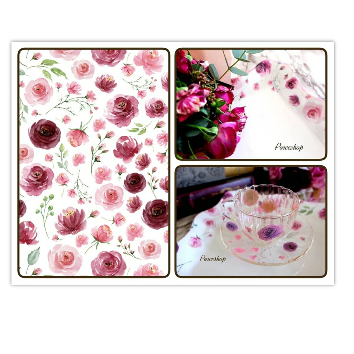 ポーセラーツ 転写紙 【セット割】水彩ローズ転写紙 白磁&ガラス用セット ピンク ポーセラーツ ポーセリンアート用 かわいい オシャレ ポーセリン パリ ポーセ...