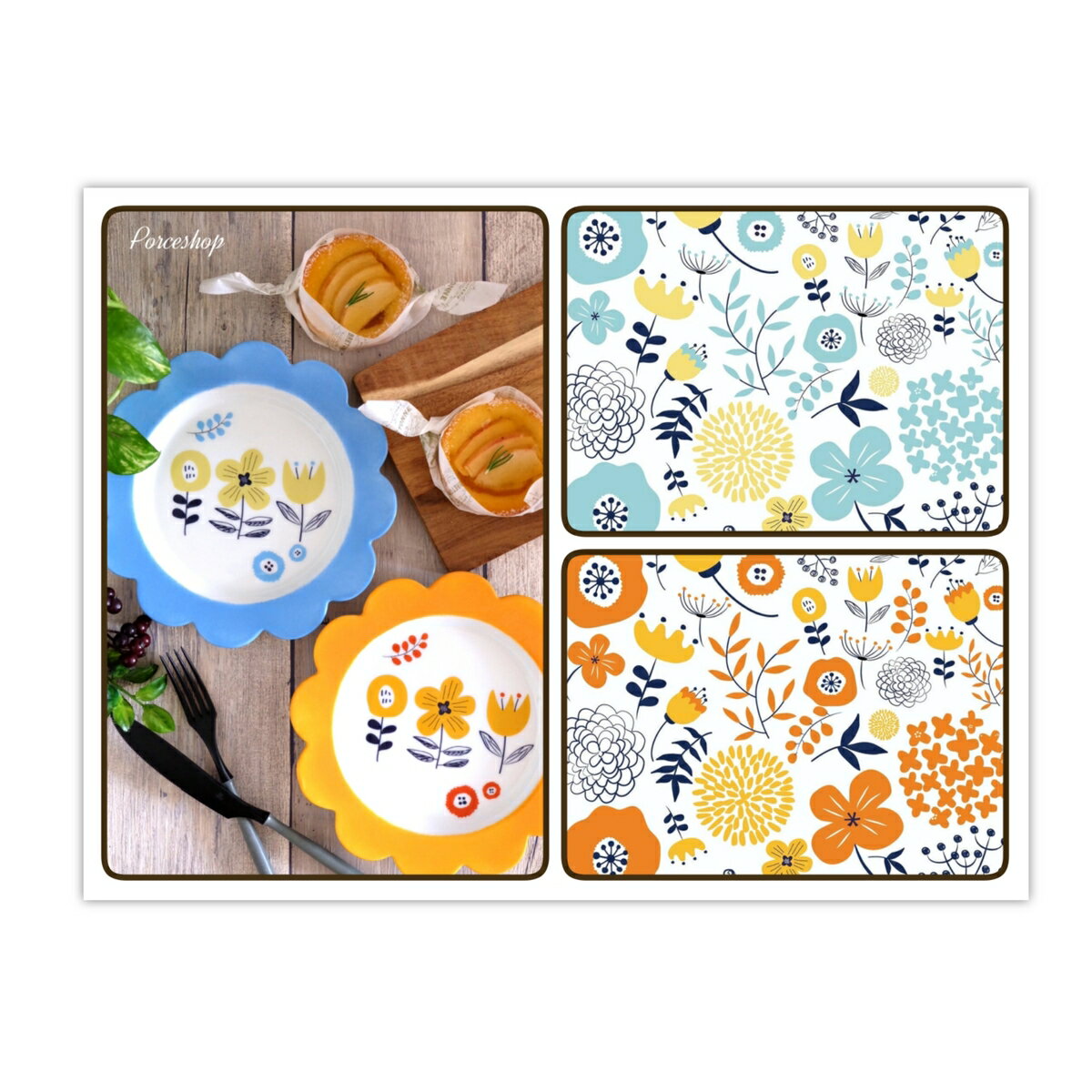 ポーセラーツ 転写紙 【白磁用・セット割】北欧風 フラワー&リーフ転写紙 ブルーオレンジ ポーセラーツ ポーセリンアート用 かわいい オシャレ ポーセリン ポー...