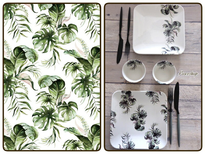 ポーセラーツ 転写紙 【白磁用】グリーンリーフ転写紙 モンステラ&ヤシの葉 ポーセラーツ ポーセリンアート用 かわいい ポーセラーツ転写紙 花転写紙 水彩画風 ...