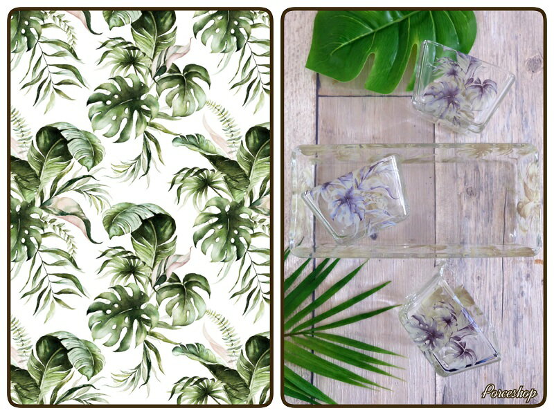 ポーセラーツ 転写紙 【ガラス用】グリーンリーフ転写紙 モンステラ&ヤシの葉 ポーセラーツ ポーセリンアート用 かわいい ポーセラーツ転写紙 花転写紙 水彩画風...