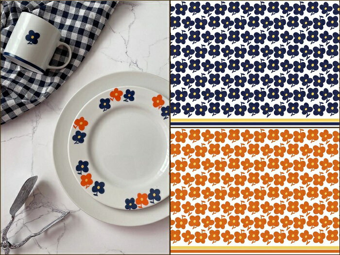 ポーセラーツ 転写紙 【白磁用セット割】北欧風レトロ転写紙 プティオレンジ&ネイビー※お得なセット20%OFF ポーセラーツ ポーセリンアート用 かわいい オシ...