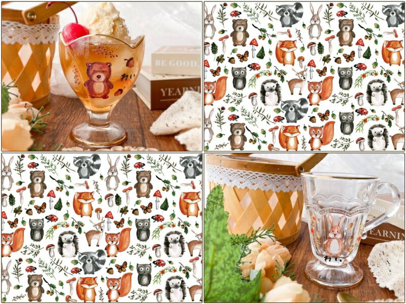 ポーセラーツ 転写紙 【ガラス用】おとぼけ森の動物たち転写紙 (ポーセラーツ 転写紙 ポーセリンアート うさぎ くま きつね ハリネズミ キノコ)かわいい オシ...