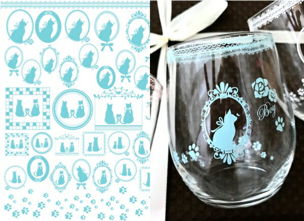 ポーセラーツ 転写紙 【ガラス用】 CAT&フレーム転写紙 猫 ブルー ポーセラーツ ポーセリンアート用 かわいい オシャレ ポーセリン ポーセラーツ転写紙 ポ...