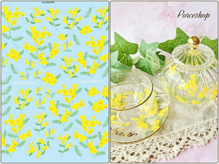 ポーセラーツ 転写紙 【ガラス用】yellow flower-mimosa- 転写紙 イエローフラワーミモザ転写紙 ポーセラーツ ポーセリンアート用 かわいい ...