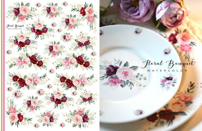 ポーセラーツ 転写紙【白磁用】水彩FloralBouquet フローラルブーケ転写紙 花転写紙ピンク ポーセラーツ ポーセリンアート用 かわいい オシャレ バラ...