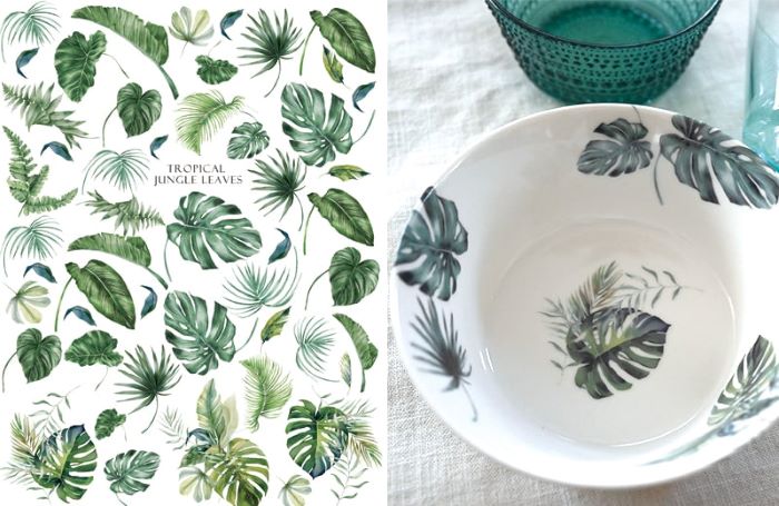 ポーセラーツ 転写紙 【白磁用】水彩トロピカルジャングルリーフ A4サイズ (ポーセリンアート用 モンステラ転写紙)ポーセラーツ ポーセリンアート用 かわいい ...