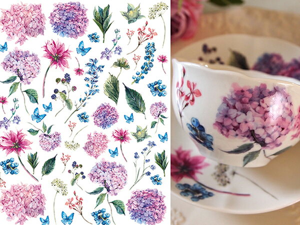 ポーセラーツ 転写紙 【白磁用】水彩 紫陽花 あじさい アジサイ ポーセラーツ用転写紙 蝶 ちょうちょ ポーセラーツ ポーセリンアート用 かわいい オシャレ ポ...