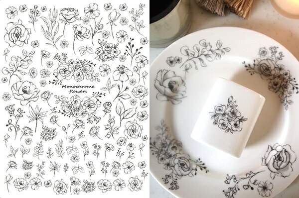 ポーセラーツ 転写紙 【白磁用】monochrome flowers モノクロフラワー転写紙 ブラック ポーセラーツ ポーセリンアート用 かわいい オシャレ ポ...