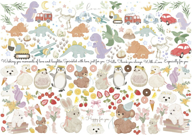 ポーセラーツ 転写紙 【白磁用】Dream Parade ドリームパレード転写紙 ver2(ポーセラーツ ポーセリンアート 転写紙 恐竜 ぺんぎん ウサギ クマ...