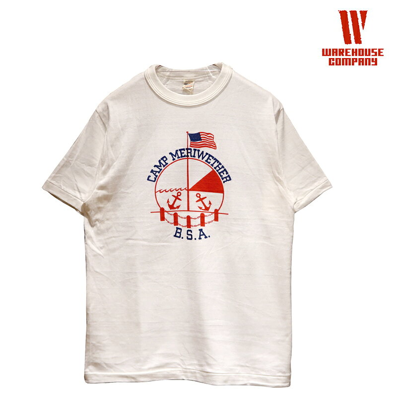 ■素材：コットン100％（丸胴ボディー） サイズスペック サイズ着丈身幅肩幅袖丈 S60cm46cm41cm19cm M62.5cm49.5cm43.5cm20cm L67cm52.5cm46cm22cm XL70cm54.5cm47cm22cm こちらの商品は洗濯により縮みます。&nbsp; WAREHOUSE Lot.4601 Tシャツ “CAMP MERIWETHER” &nbsp; &nbsp; スタッフ井上（身長174cm、体重62kg）は未洗いのMサイズを着用しています。 ＜BSAはBoy Scouts of Americaの略です＞ ウエアハウスのムラ糸ボディーを使用したLot.4601 Tシャツ。 素朴さと柔らかさを再現したヴィンテージさながらの風合いが特長のボディーで、 ウエアハウスのTシャツと言えばコレ！となるほどの大定番アイテムです。 こちらはオレゴン州に実在するボーイスカウトサマーキャンプである「CAMP MERIWETHER」が デザインソースとなっており、星条旗とアンカーマークを描いたロゴマークが、 アメリカらしいトリコロールの多色染み込みでプリントされています。 1926年に設立されたキャンプ場で、今年ちょうど100周年を迎えるのもポイントです。 ガンガン着こんでボディ、プリントともにイイ味を出してあげてください。 非常に丈夫なパイピングを噛ませたバインダーネック。 &nbsp; &nbsp; 染み込み多色プリントの風合いが抜群です。 &nbsp; &nbsp;