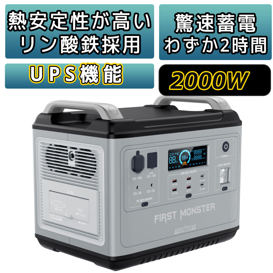 【週末限定ポイント5倍】 ポータブル電源 大容量 2000Wh キャンプ 災害 防災 UPS 機能 リン酸鉄 家庭用蓄電池 2000W 小型発電機 災害 アウトドア 正弦波 キャンプ 緊急用電源 ソーラー充電 車中泊 AC DC USB 急速充電 QC3.0 防災グッズ 地震 停電 バッテリー