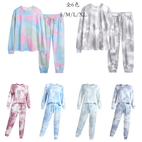 樂天商城 - レディース セットアップ スポーツ カジュアル ファッション タイダイ ホームウェアセット Tシャツ+パンツ 2点セット タイダイ 上下セット レディー 春服 秋服 女性 大人 ジャージ スポーツウェア 夏着 長袖 長ズボン 全6色 レジャー 春着 秋着 S M L XL レディ ファッション