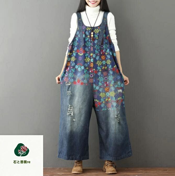デニム サロペット レディース ダメージ 花柄プリント　エスニック　オーバーオール　ジーンズ オールインワン 春 秋 ガウチョパンツ　サルエル　ムササビゆったり 体型カバー カジュアル アラジンパンツム