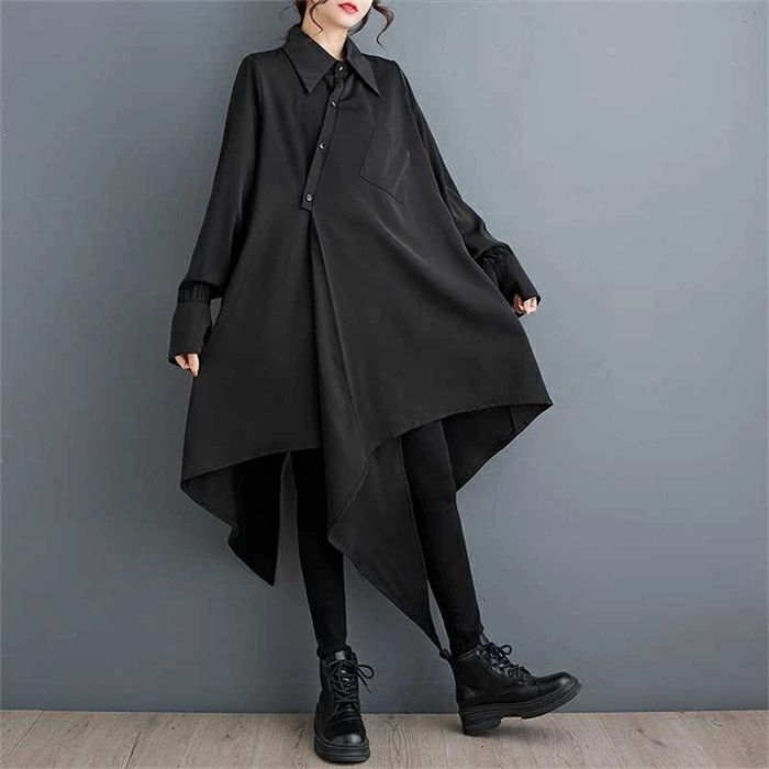 Rakuten - シャツワンピース レディース トップス 長袖 シャツワンピース ミディアム丈 ゆったり 体型カバー アシンメトリー ビッグシルエット ストリート系 体型カバー ロングシャツ ワンピース 不規則 大きいサイズ 着痩せ 大人 春秋 通勤 上品