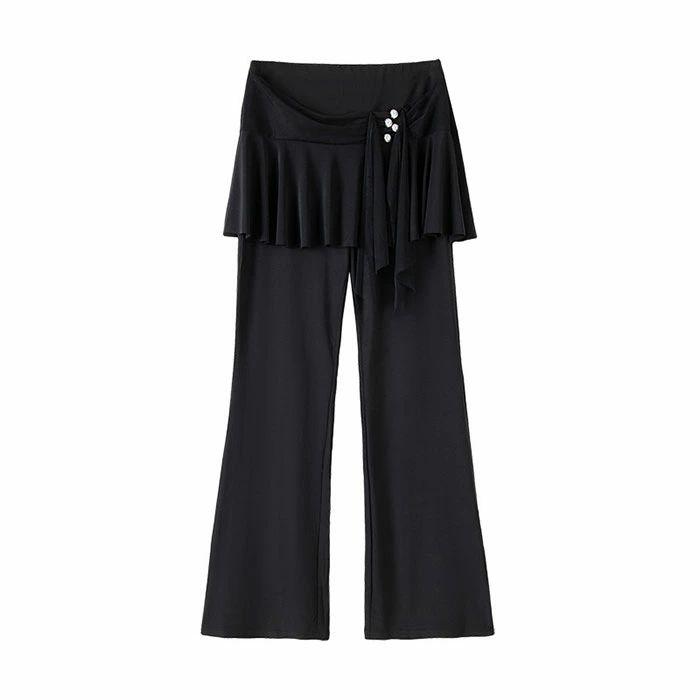 【送料無料】ダンスパンツ スカート付きパンツ ジャズパンツ ストレッチ パンツ ロング 黒 ブラック ダンス 美脚 脚長 社交ダンス ジャズダンス ヨガ 体操 伸びる ブーツカット レディース レッスン お尻カバー 体型カバー