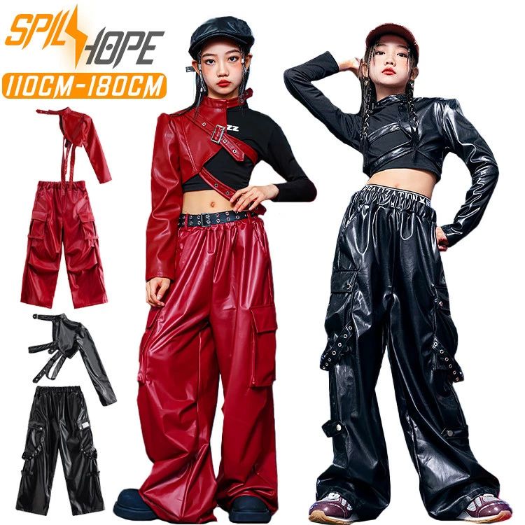 樂天商城 - 【送料無料】赤 黒 トップス レザーパンツ Tシャツ キッズ ダンス衣装 セットアップ 上下セット おしゃれ 女の子 韓国 jazz かわいい かっこいい ベスト へそ出し カジュアル ダンスウエア ヒップホップ ジャズダンス k-pop 舞台服 演出服 練習着 団体服 発表会 個性派 派手