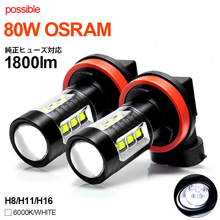 50系 RAV4 LED フォグランプ H16 80W OSRAM プロジェクター照射 アルミボディ 無極性 6000K/ホワイト/白 2個入り/1セット