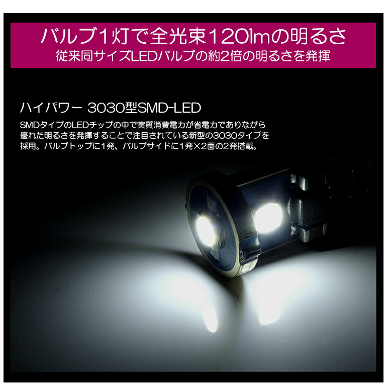 200系 1型/2型/3型前期/3型後期/4型/5型/6型 ハイエース LED ポジション球/ナンバー灯 T10/T16 ウェッジ球 1.8W 3030チップ SMD 3連 メタルボディ ホワイト/6000K 2個入り/1セット