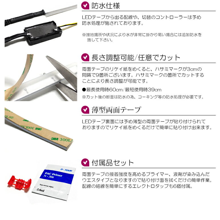 LEDテープシーケンシャル流れるウインカー60cmホワイト/アンバーマルチ点灯切替