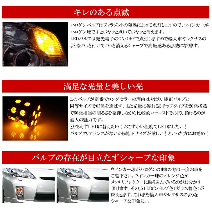 RP系/RP3/RP4 ステップワゴンスパーダ ウインカーLED T20 シングル/ウェッジ/ピンチ部違い対応 LEDバルブ 3チップSMD-LED アンバー/オレンジ 2個入り/1セット