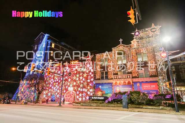 【文字入りポストカード】「Happy Hokidays」雪の積もるバンクーバーの夜のハガキ　photo by MIRO