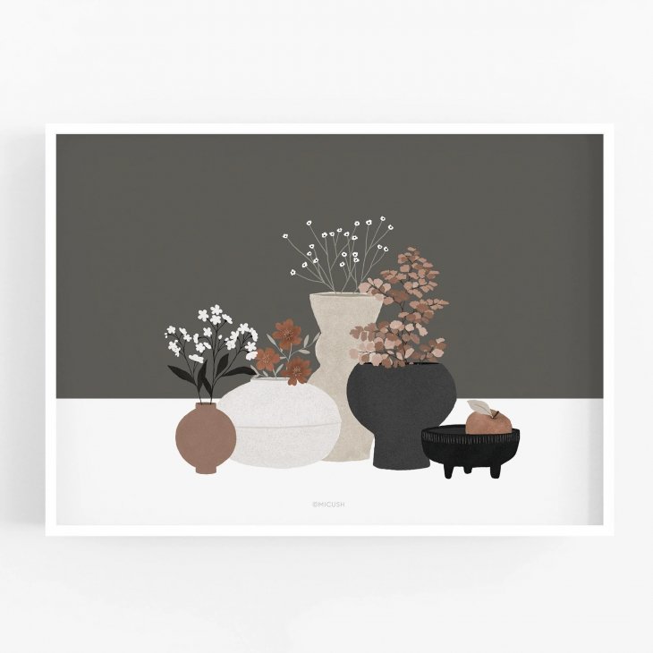 【30x40cm】MICUSH - POTTERY AND FLOWERS PRINT (dark brown) (AP131) | アートプリント ポスター シンプル インテリア おしゃれ