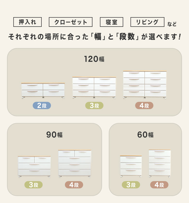 チェスト タンス キャスター付 押入れ収納 クローゼット 完成品 2段 3段 4段 幅60 ...