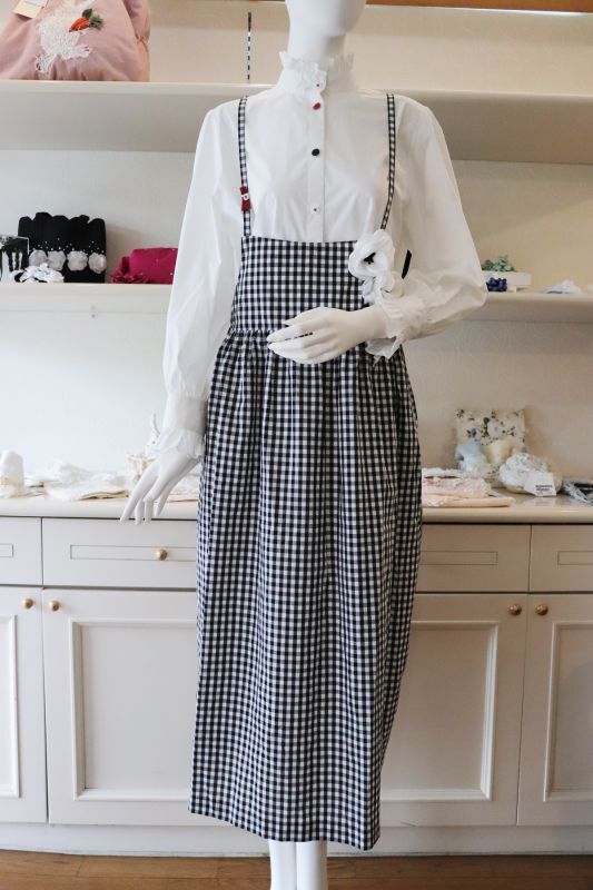 新作【新着】正規販売代理店 さえら ポテチーノ ジャンパースカート タブリエ ギンガムチェック 日本製 高級 おしゃれ レディース エレガント 上品 黒系 少数生産