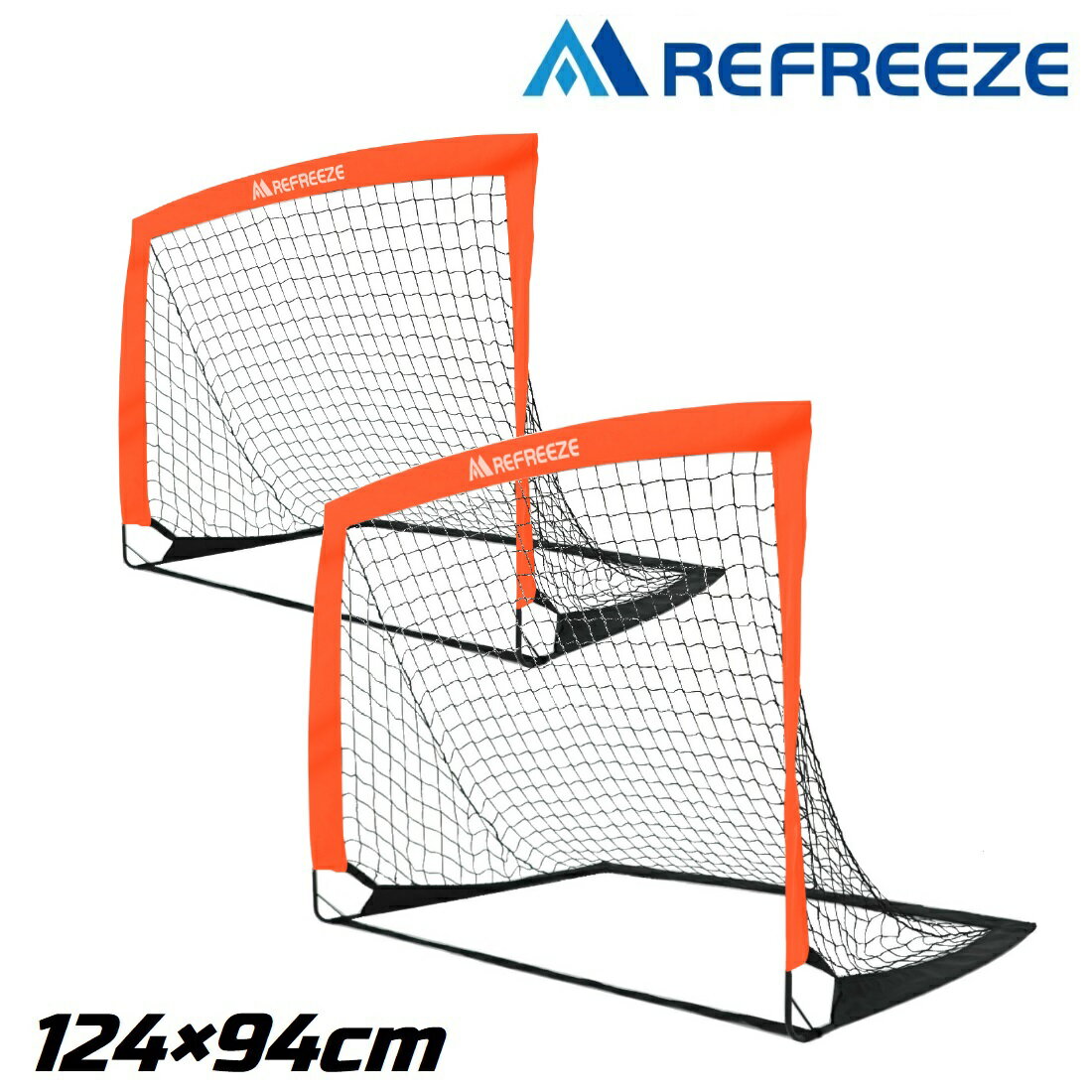 サッカーゴール（ジュニア） REFREEZE(リフリーズ) 124×94cm 折りたたみ サッカーゴール オレンジ 2個セット 収納バッグ付き 室内 屋外兼用 ポータブル ポップアップ サッカーゴール 折りたたみ ゴール 子供 サッカー フットサル