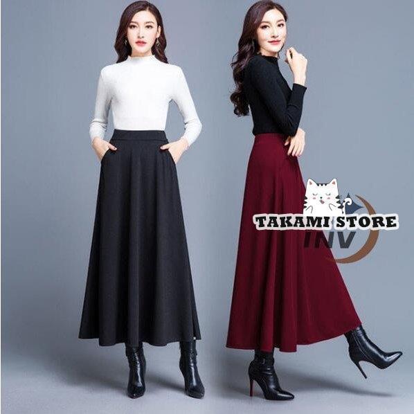 フレアスカート ロング スカート Aライン ハイウエスト 体型カバー 大きいサイズ ウエストゴム 秋 冬 春 レディース きれいめ 無地 黒 ワインレッド 落ち感
