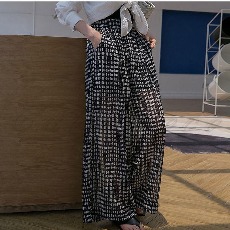 ワイドパンツ ガウチョパンツ レディース シフォン 水玉柄 ロング丈 長ズボン 透け...