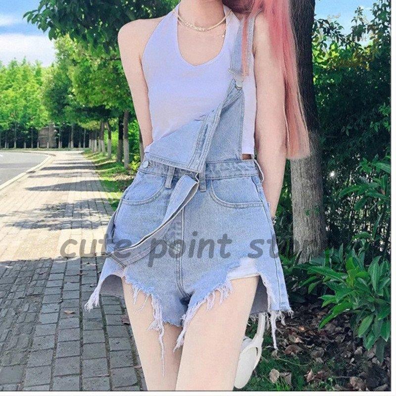 サロペット ショートパンツ レディース デニム ダメージ加工 着痩せ 夏 半ズボン オールインワン 美脚効果 普段着 リラックス かわいい