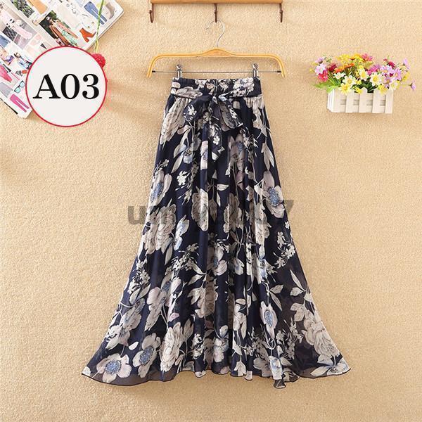 スカート フレアスカート ロング プリーツ 花柄 シフォン ウエストゴム 春 夏 マキシ レディース リボン おしゃれ