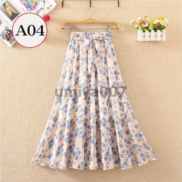 スカート フレアスカート ロング プリーツ 花柄 シフォン ウエストゴム 春 夏 マキシ レディース リボン おしゃれ