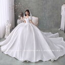ウェディングドレス 花嫁 二次会 ウエディングドレス 結婚式 ロングドレス プリンセスラインドレス サテン 白 半袖 シンプル 挙式 披露宴 ブライダル 編み上げ