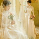 ウェディングドレス ロングドレス Aラインドレス 長袖 ロングスリーブ 切替 二次会 結婚式 前撮り 花嫁 ウエディングドレス サテン 挙式 ブライダル