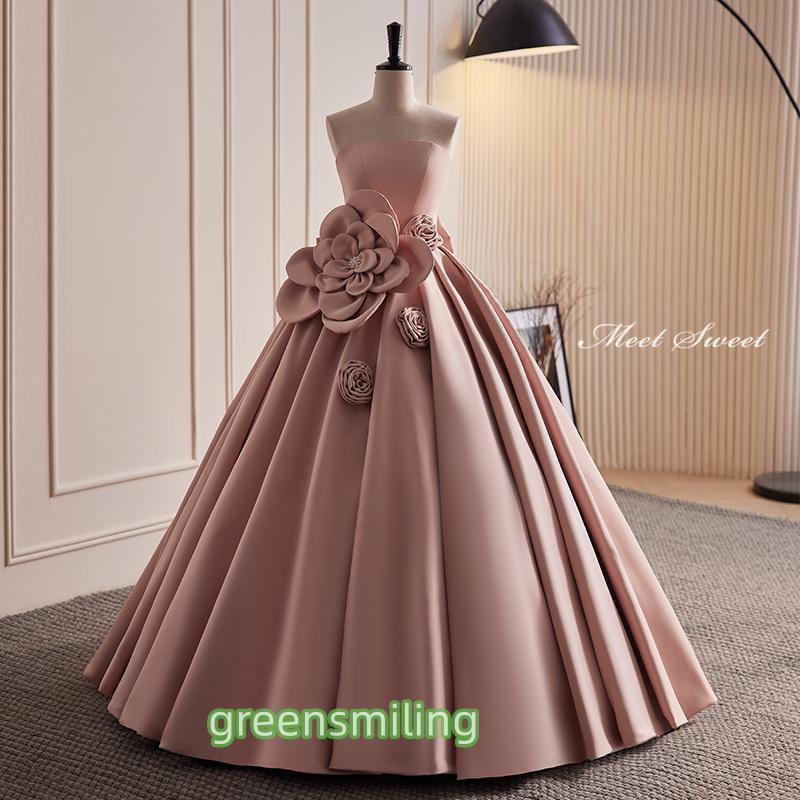 カラードレス 編み上げ ピンク ビスチェ フラワー ロングドレス 結婚式 二次会 発表会 演奏会 ウェディ..